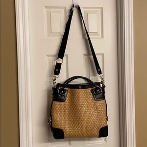 NEW Donald J Pliner lg straw & blk leather handbag